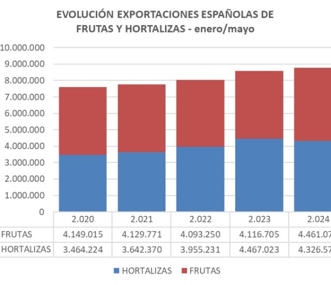 La exportación española de frutas y hortalizas frescas aumentó un 10% en volumen y en valor en mayo